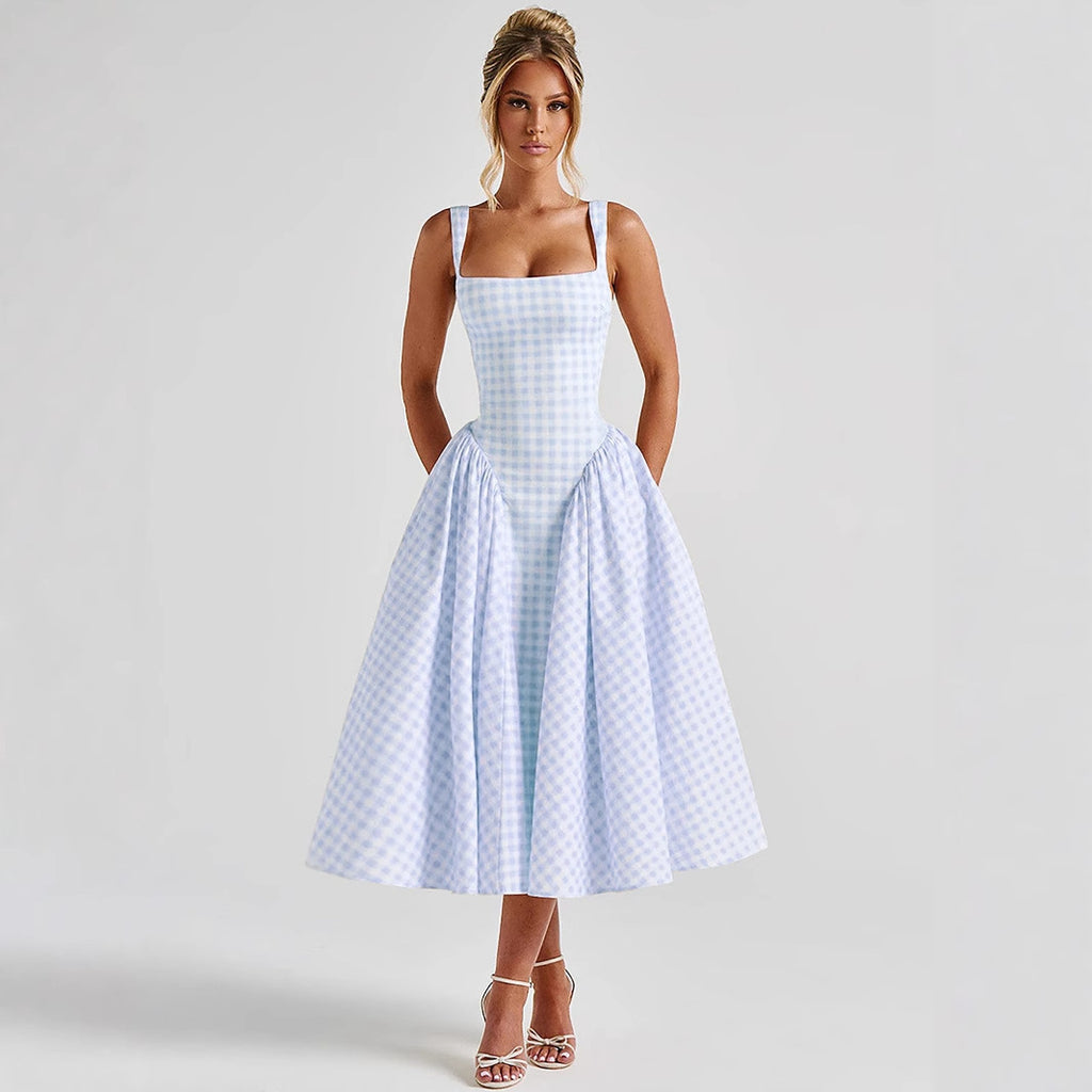 Fashion French Fresh European And American New Plaid Print Waist-Cinching Princess Dress Sexy Backless Strap Dress Women's Clothing
