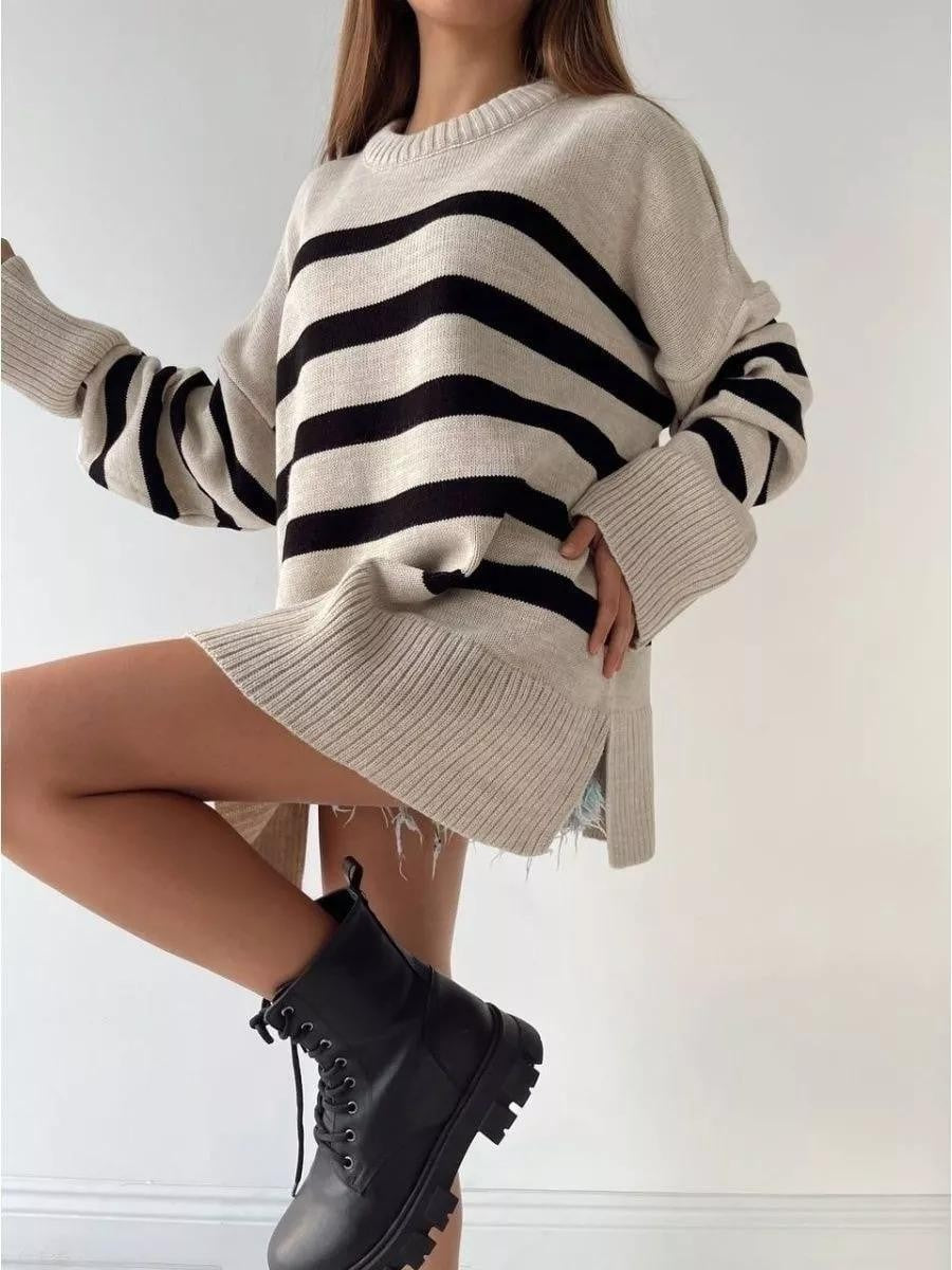 Women's Knitwear 2025 Autumn And Winter New European And American Cross-Border Casual Stripesd Loose Round Neck Pullover Knitwear Jacket For Women