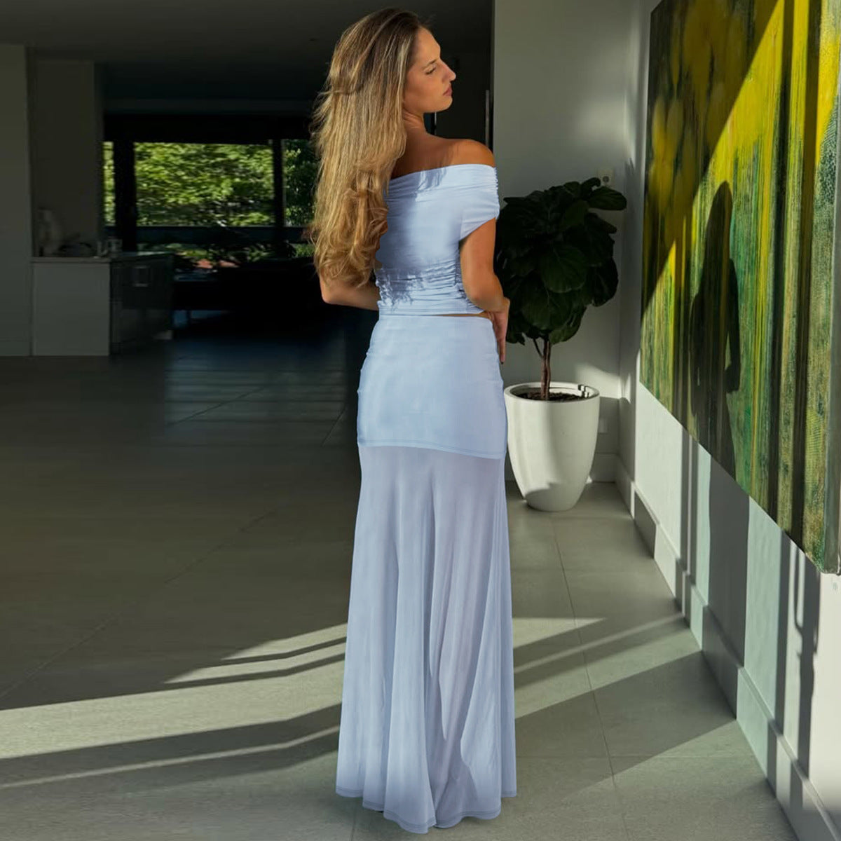 European And American Women's 2025 Spring And Summer New Fashion Sexy Off-shoulder Top Slim-fit Mesh Stitching Skirt Suit
