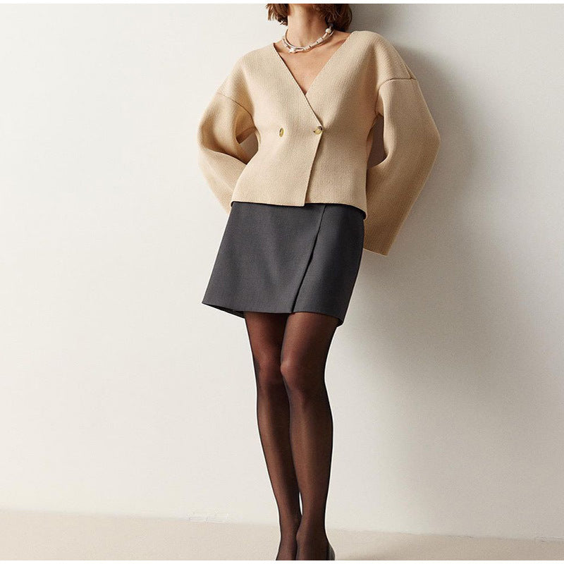 Real Shot-solid Color Long Sleeve Knitted Cardigan Europe And The United States Cross-border V-neck Short Waist Knitted Cardigan Long Sleeve Sweater Jacket