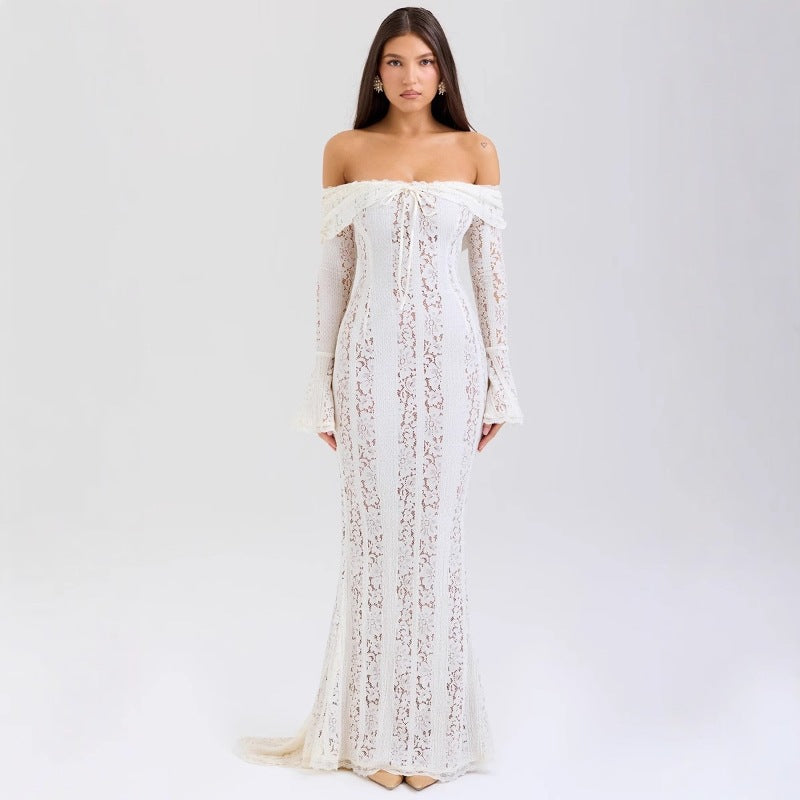 Robe Longue Épaules Dénudées en Dentelle