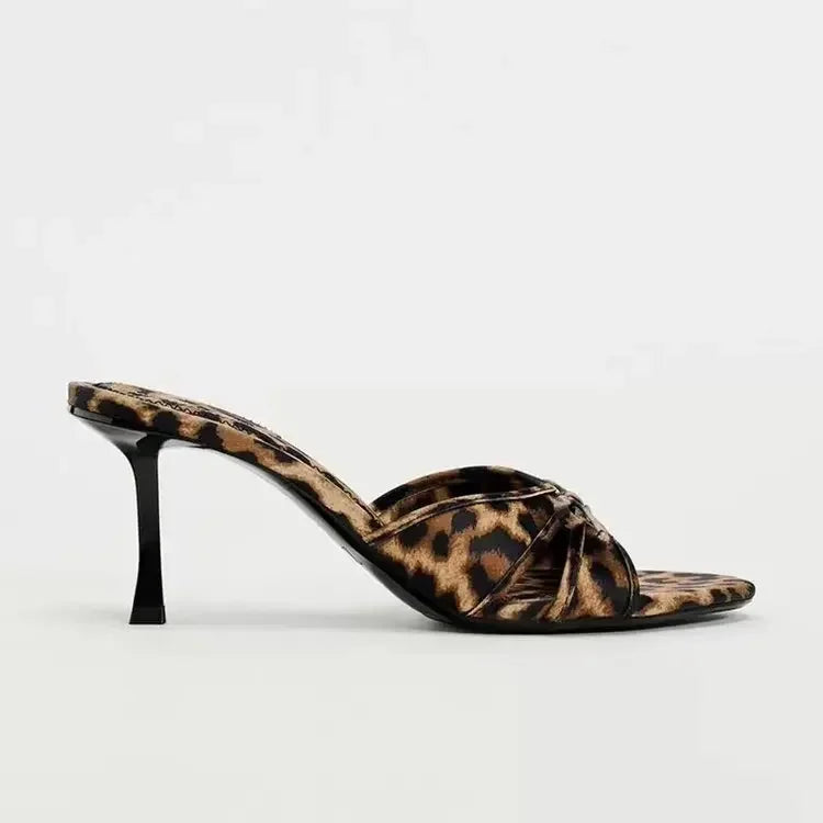 ZA2025 Summer New High Heels Leopard Print Stiletto Slippers Bow Beautiful Open Toe High Heel Sandals For Women