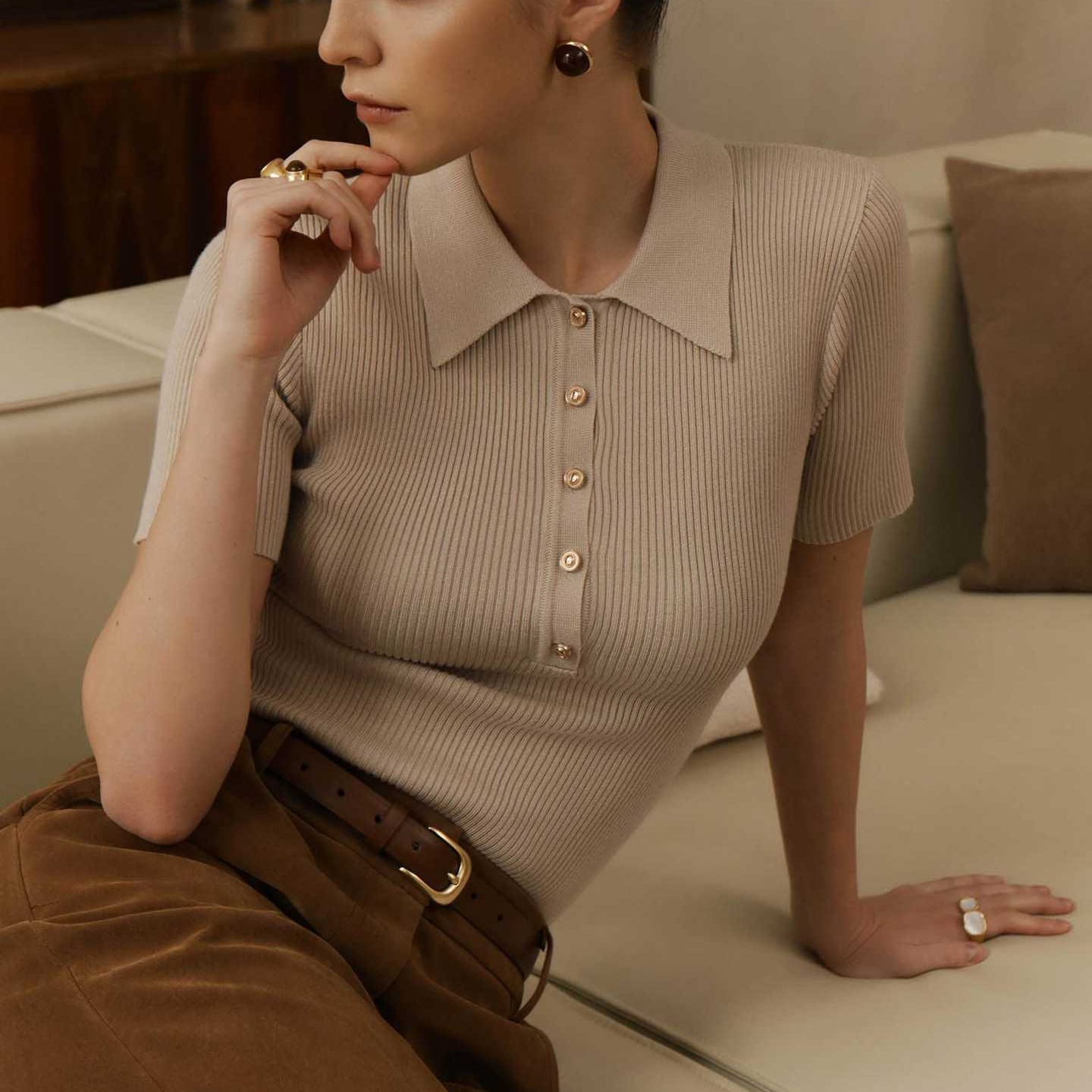Knitted Lapel Top Short Sleeve Summer 2025 New European And American Cross-border Tight Slimming Pullover Threaded Top For Women