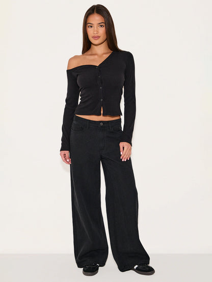 2025 Autum Export Hot-Selling Women's Slanted Shoulder Long-Sleeved Button Knitted Cardigan T-Shirt Y2K Sexy Style Slim Top