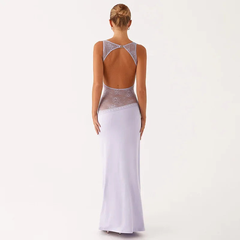 Robe longue dos nu à empiècement transparent