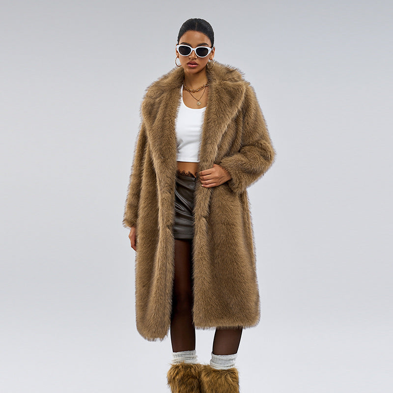 European And American Women's Long Faux Fur Suit Collar Coat Cross-border Hot Selling Faux Fur Faux Fur Coat For Autumn And Winter