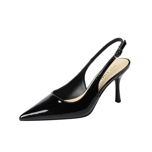2025 Patent Leather High Heels With Hollow Back, Stiletto Heel, Pointed Toe, Shallow Mouth, One-Line Strap, Half-Slip Sandals, Plus Fat And Widening 414243