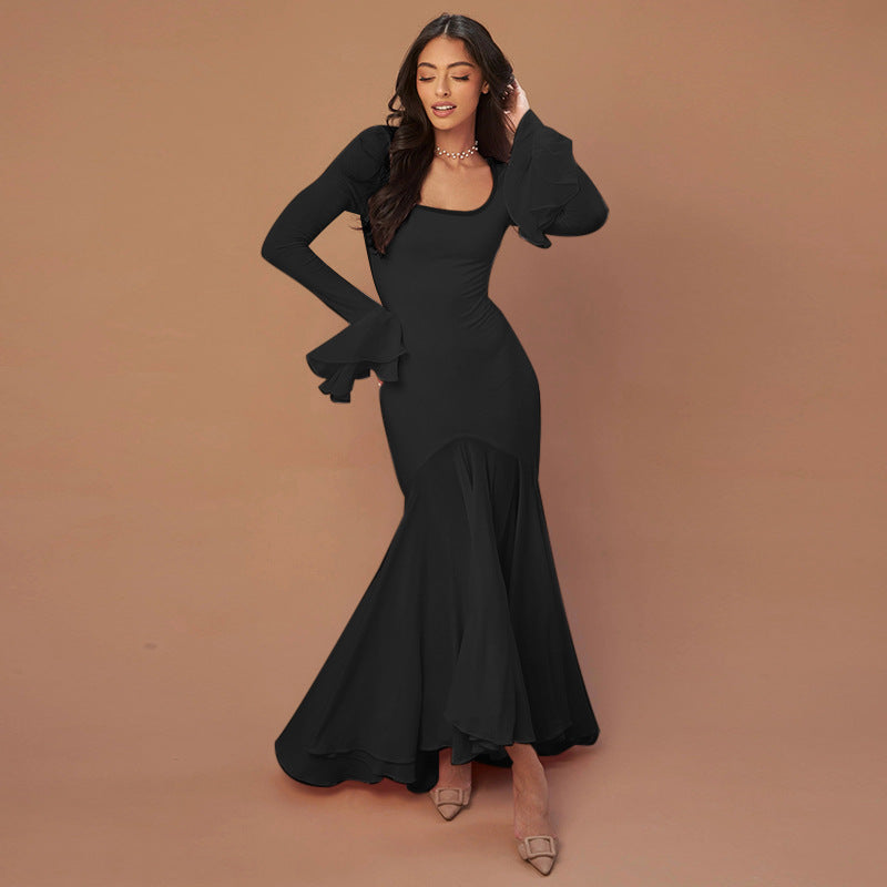 JY24529 Sexy Square Collar Long Sleeve Ruffled Dress Women's 2024 Autumn European And American Style Cross-border Fashion Dress