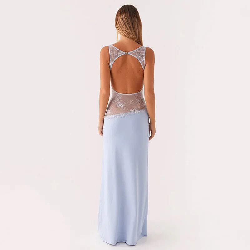 Robe longue dos nu à empiècement transparent