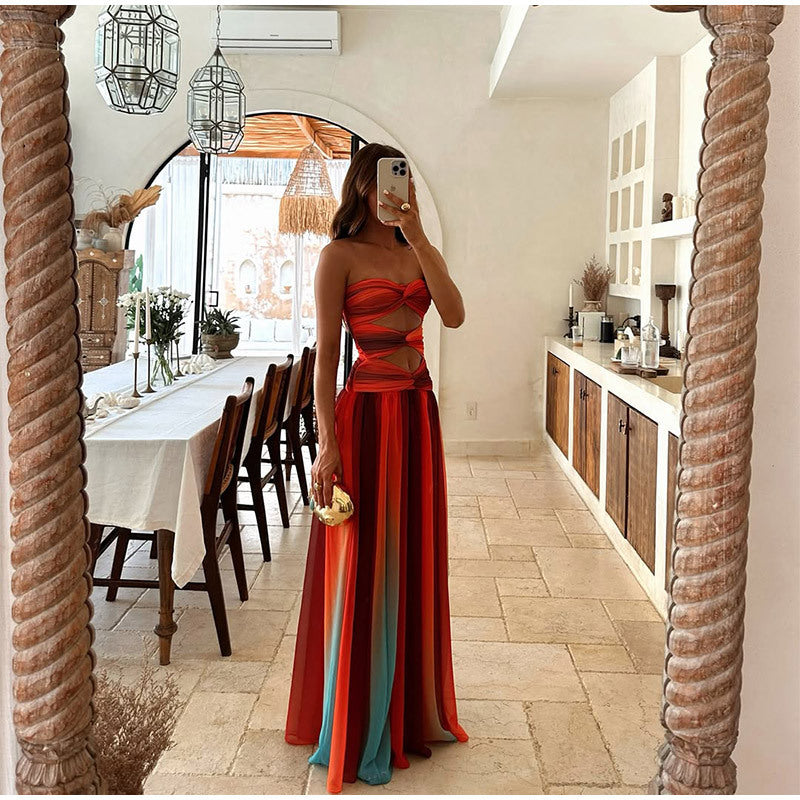 Strapless Hollow-out Dress European And American Women's Clothing Holiday Beach Split Large Swing Dress Sleeveless Wrapped Chest Printed Women