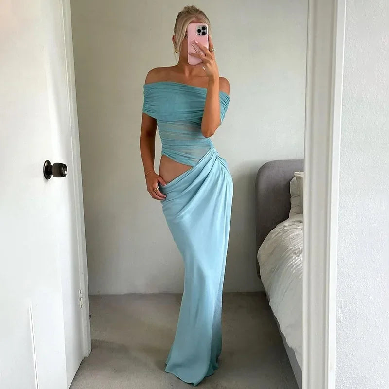 Y24DS658 European And American Cross-border Women's Autumn Mesh One-character Collar Open-shoulder Perspective Irregular Crossing Wrinkle Dress