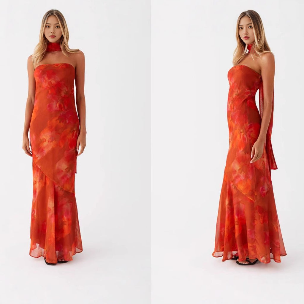 Cross-border Europe And The United States Amazon 2025 Spring And Summer New Temperament Socialite Satin Backless Strapless Digital Printing Dress
