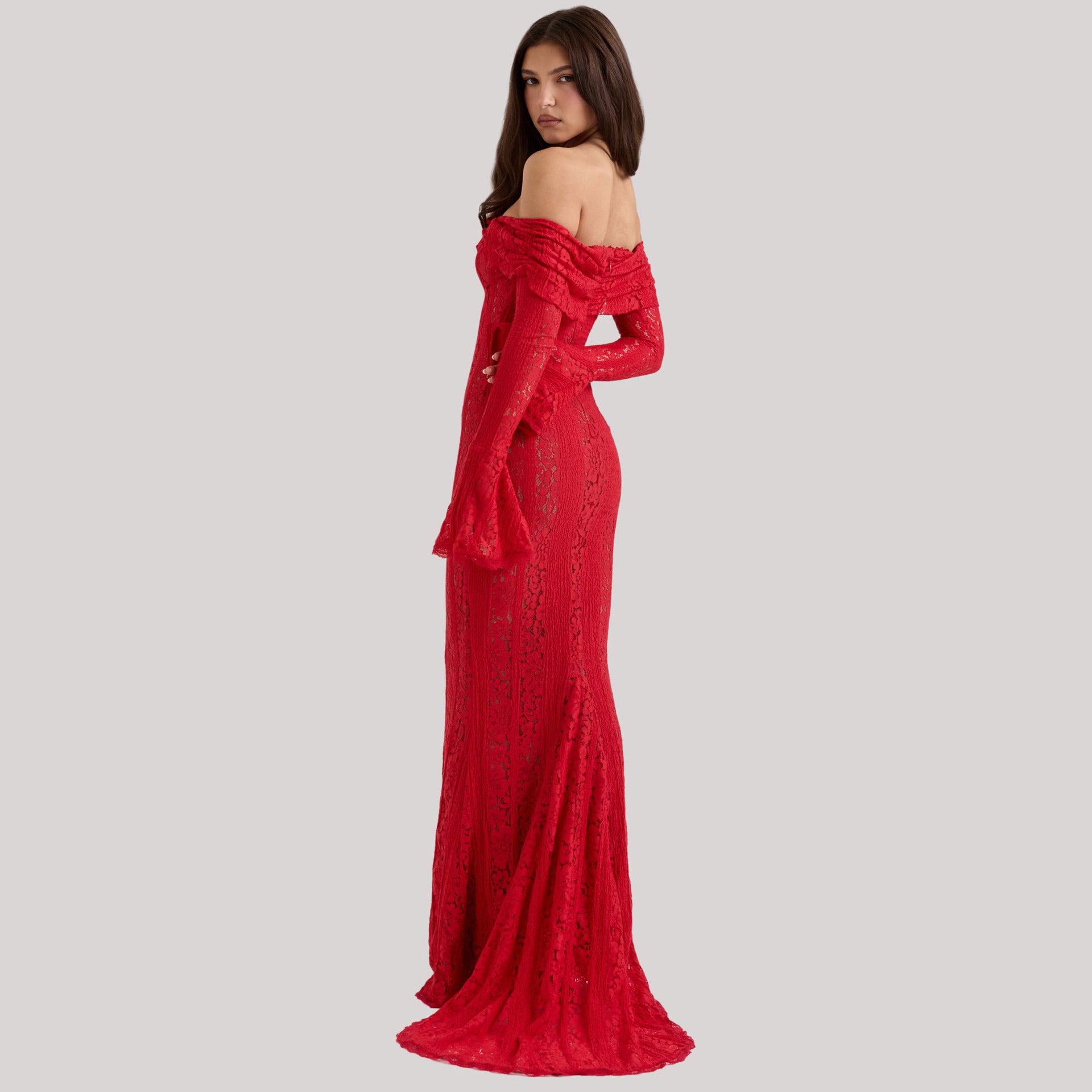 Robe Longue Épaules Dénudées en Dentelle