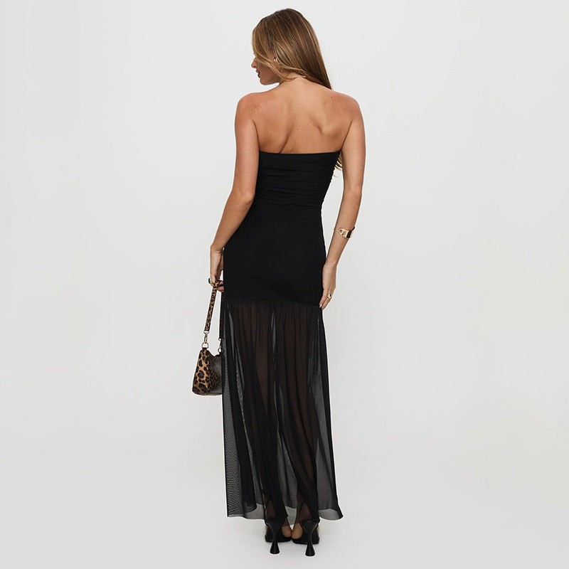 Amazon Elegant Strapless Dress Wrap Chest Strapless Spice Girl Sexy Holiday Hip Mesh Split Dress