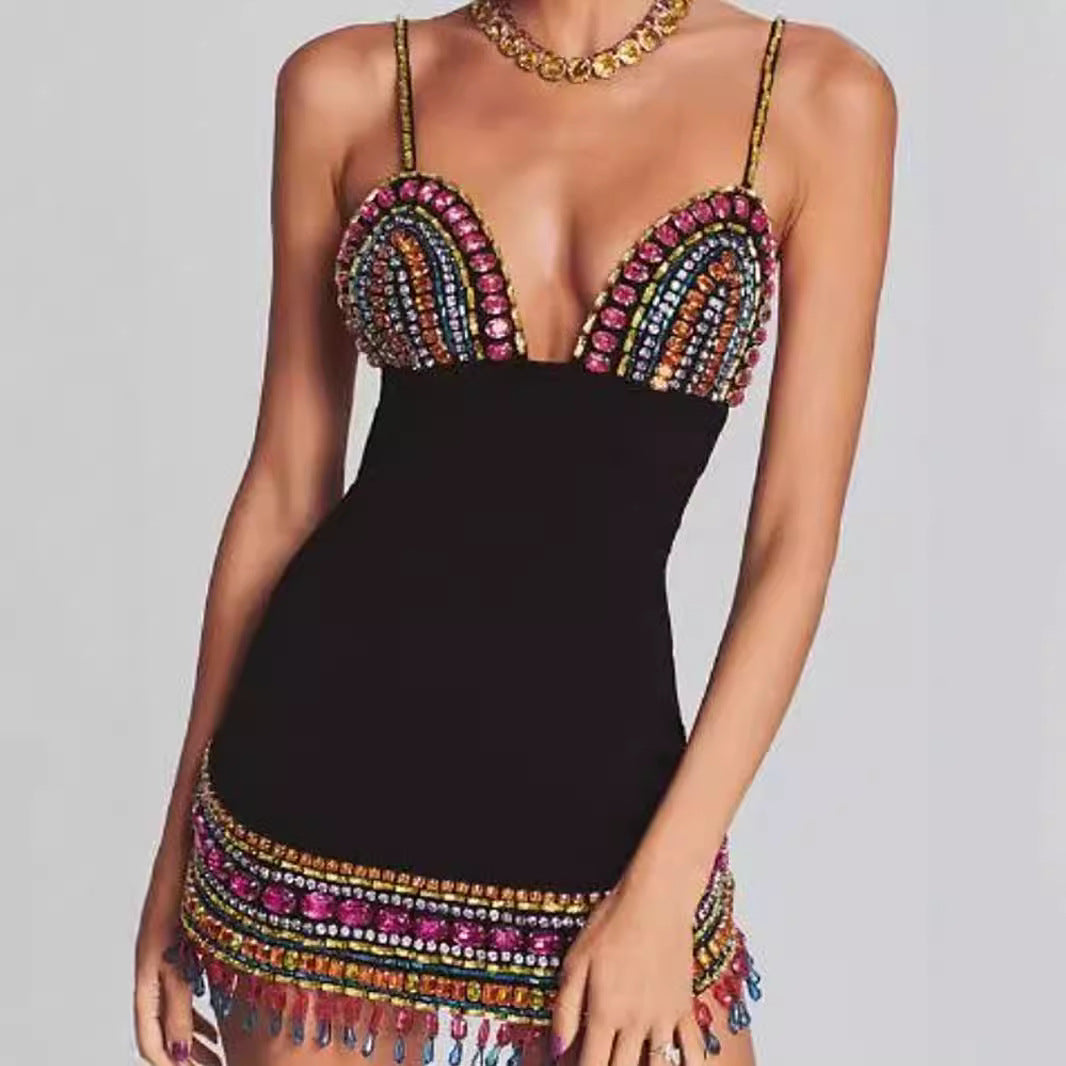 Celebrity Style New Black Suspender Sexy Backless Colorfulful Hand-Made Diamond Hip Skirt Bandage Dress