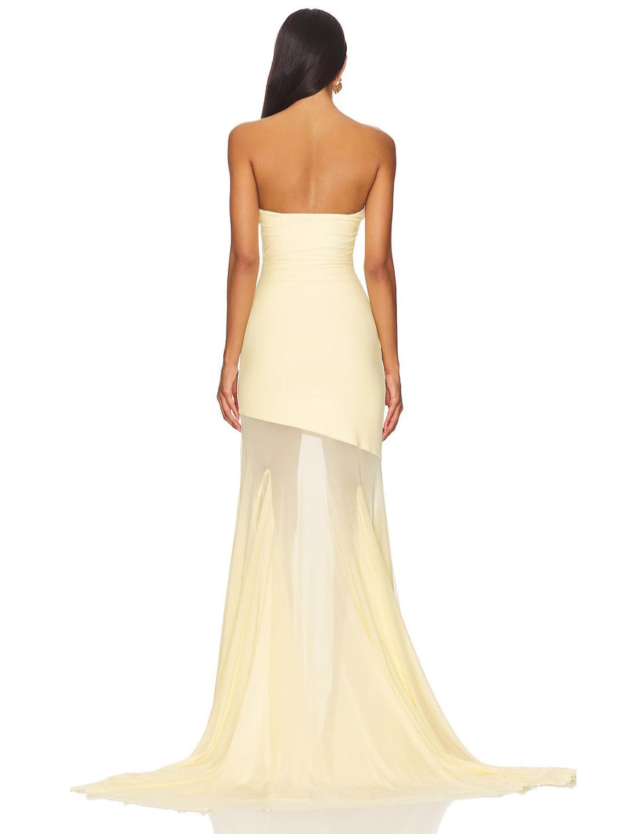 2025 Europe And The United States New Cross-border Women's Tube Dress Slim Sexy Hip Mesh Solid Color Dress Independent Station