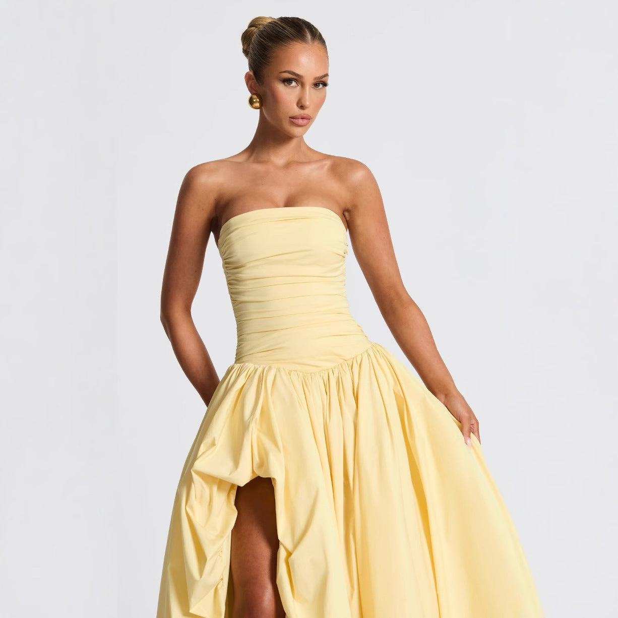 2025 Summer New Product Fresh Elegant Pure Color Lace-Up Low-Cut Slim Waist Pleated Tutu Skirt Suspender Dress