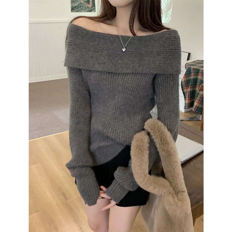 Sexy White One-Line Collar Knitwear Bottoming Shirt With Feminine Collarbone Off-Shoulder Knitwear For Slimming Look Outer Wear