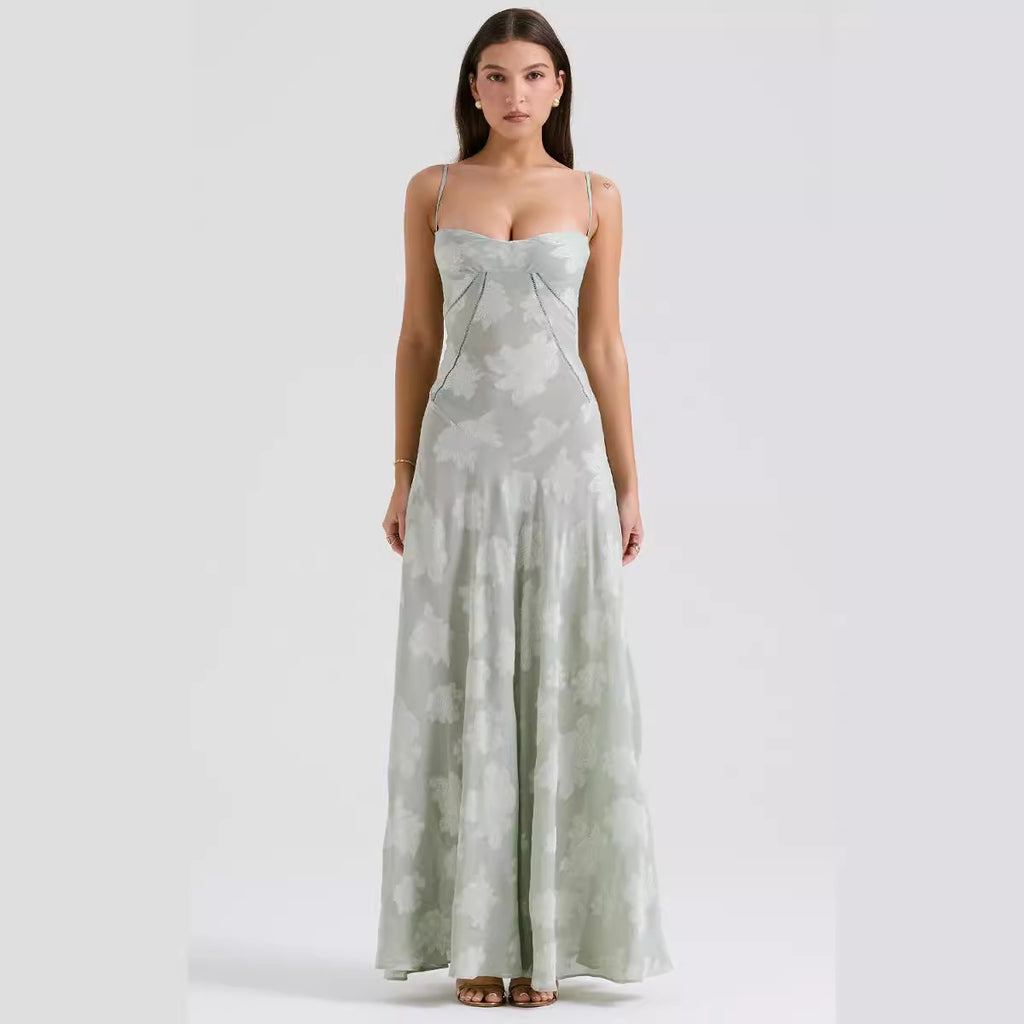 Sexy Sleeveless Strap Backless Dress Women Chiffon Embroidered Square Collar Ball Evening Dress 2024