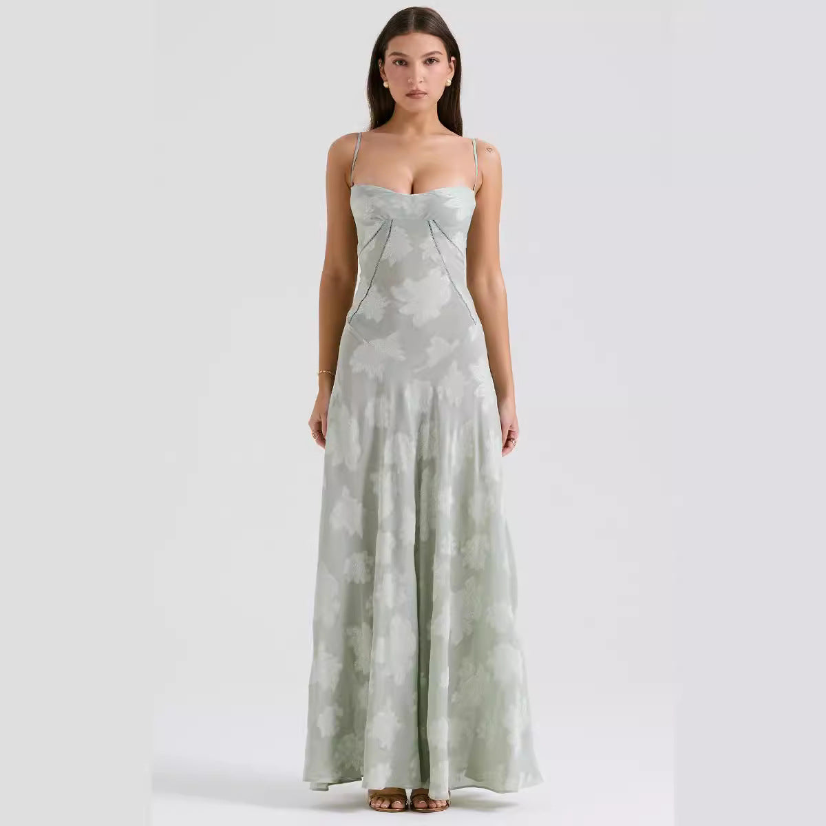 Sexy Sleeveless Strap Backless Dress Women Chiffon Embroidered Square Collar Ball Evening Dress 2024