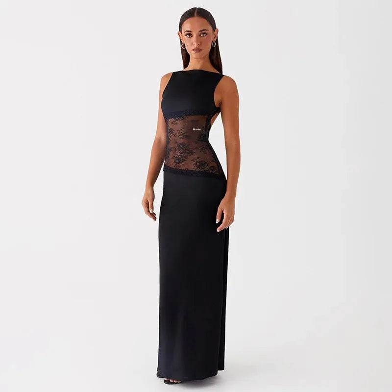 Robe longue dos nu à empiècement transparent