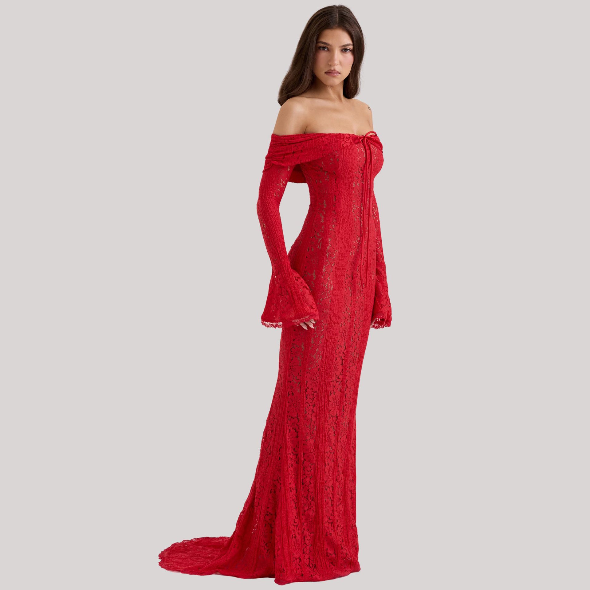Robe Longue Épaules Dénudées en Dentelle
