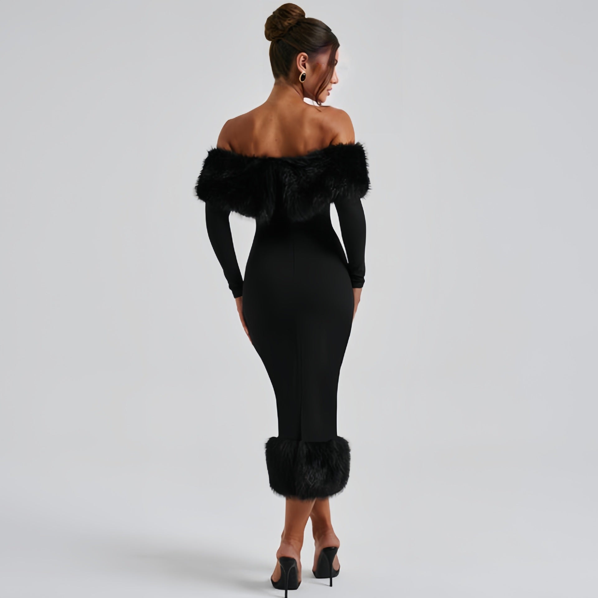 European And American Style Women's Clothing 2025 Autumn And Winter New Fashion Fur Collar Off-Shoulder Long-Sleeve Elegant Slim Evening Dress
