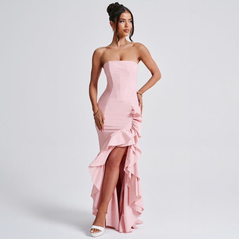 Robe longue asymétrique à épaules dénudées