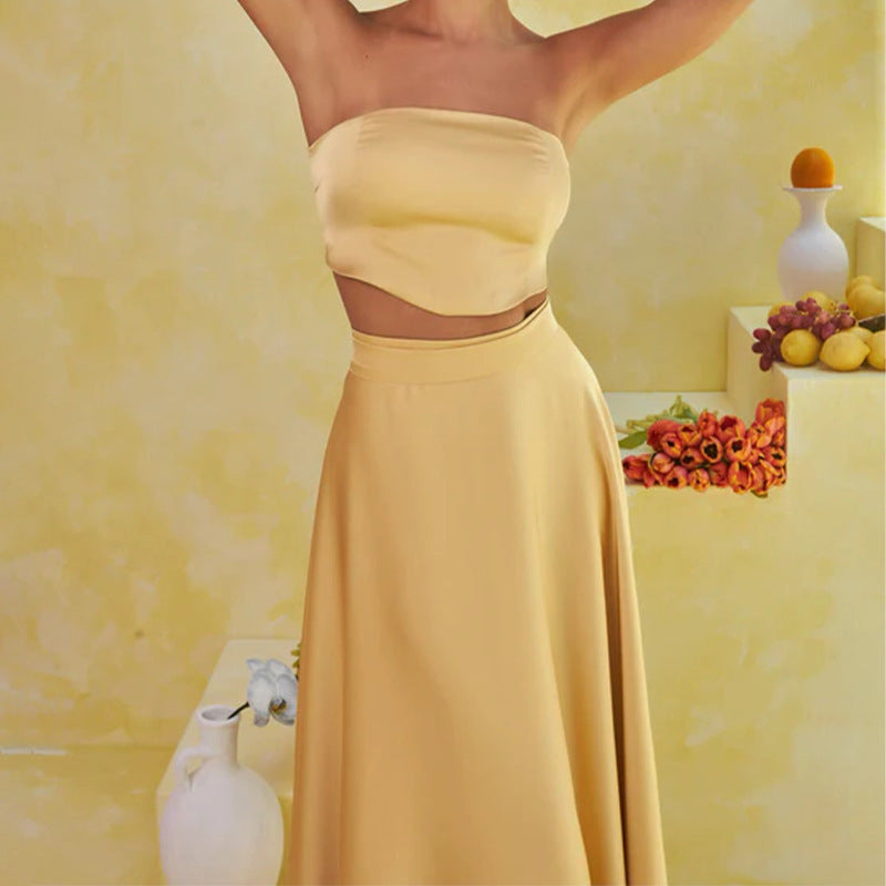 2025 European And American Foreign Trade Cross-border Summer Strapless Sexy Top High Waist Skirt Light Luxury Dress Suit Women's Dress