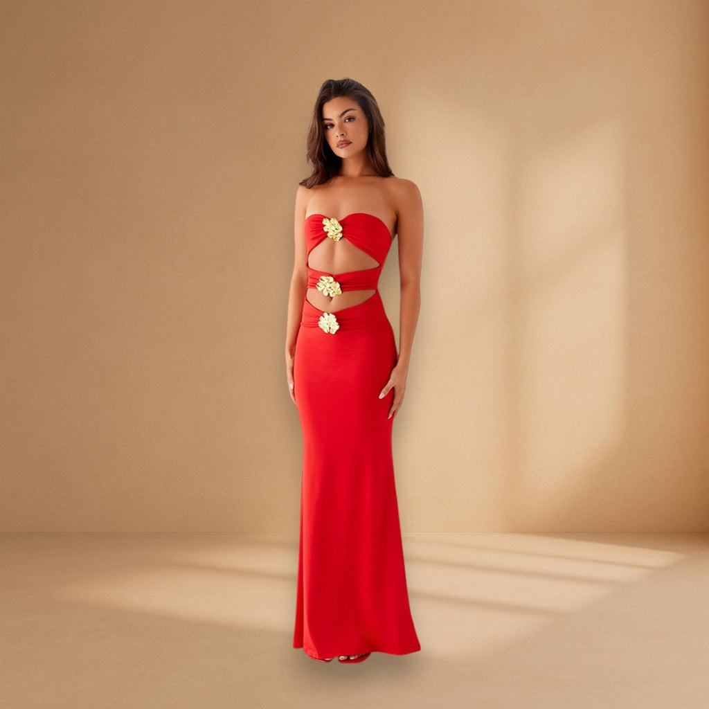 Robe Longue Sculptante à Découpes -  Fleur doré